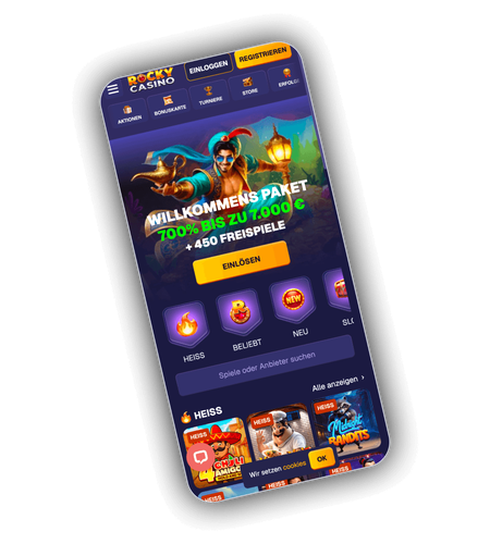 Startseite der Rocky Casino Lobby auf dem Smartphone mit Willkommenspaket und Spieleauswahl.