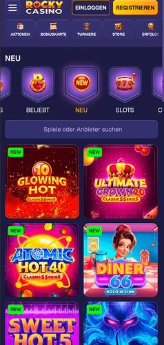 Ausschnitt der Rocky Casino Spielebibliothek mit Slot-Kacheln in der Rubrik NEU.
